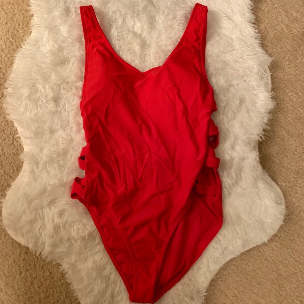 One piece red bathing suite
